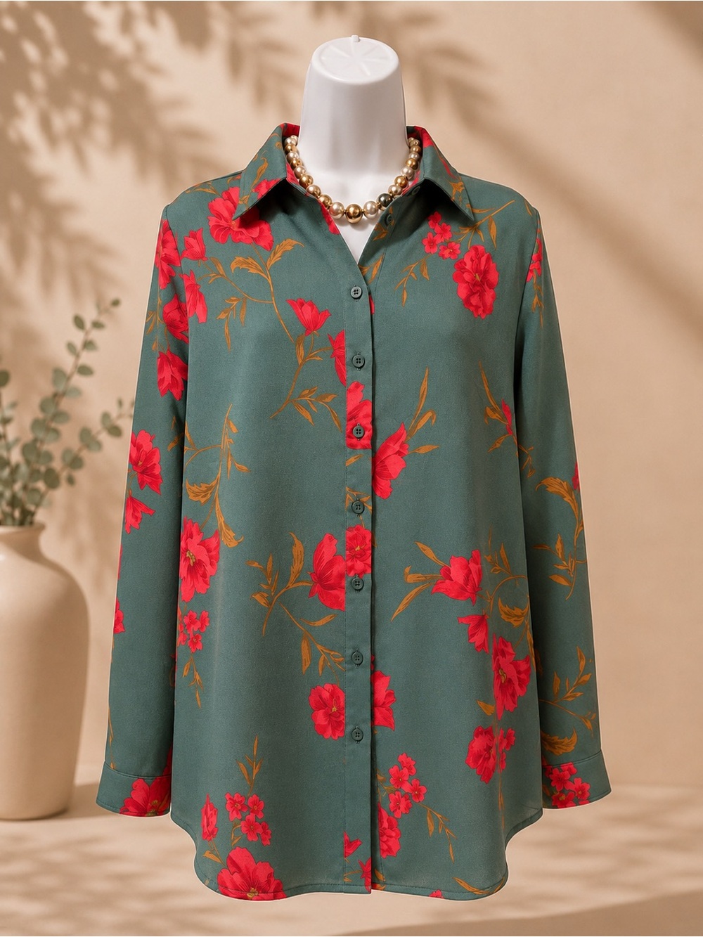 Vintage - Floral Button-Front Women's Blouse - Red Floral on Green